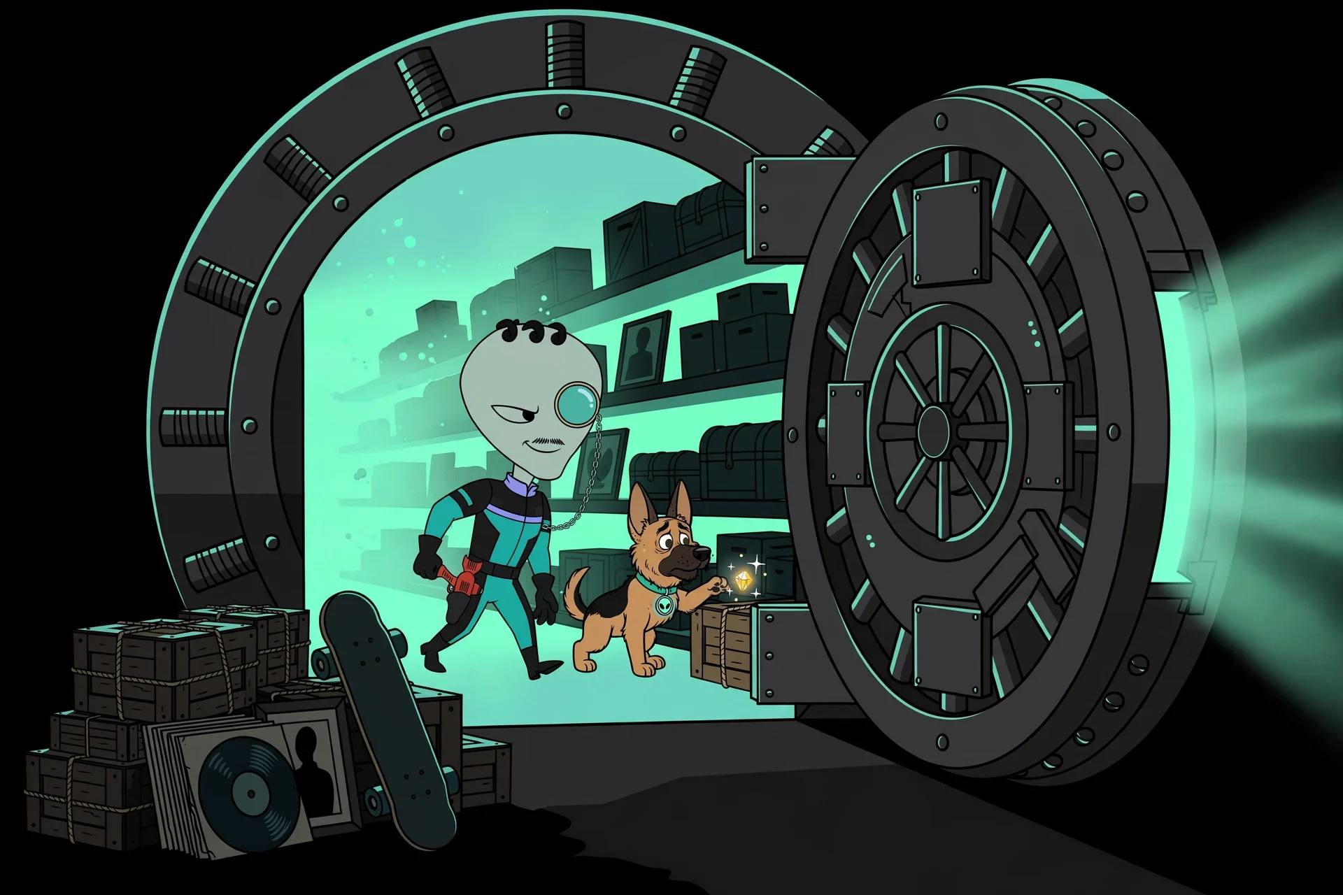 Kreed and Nova at the open vault door of the Depot, teal light spilling over treasure crates.