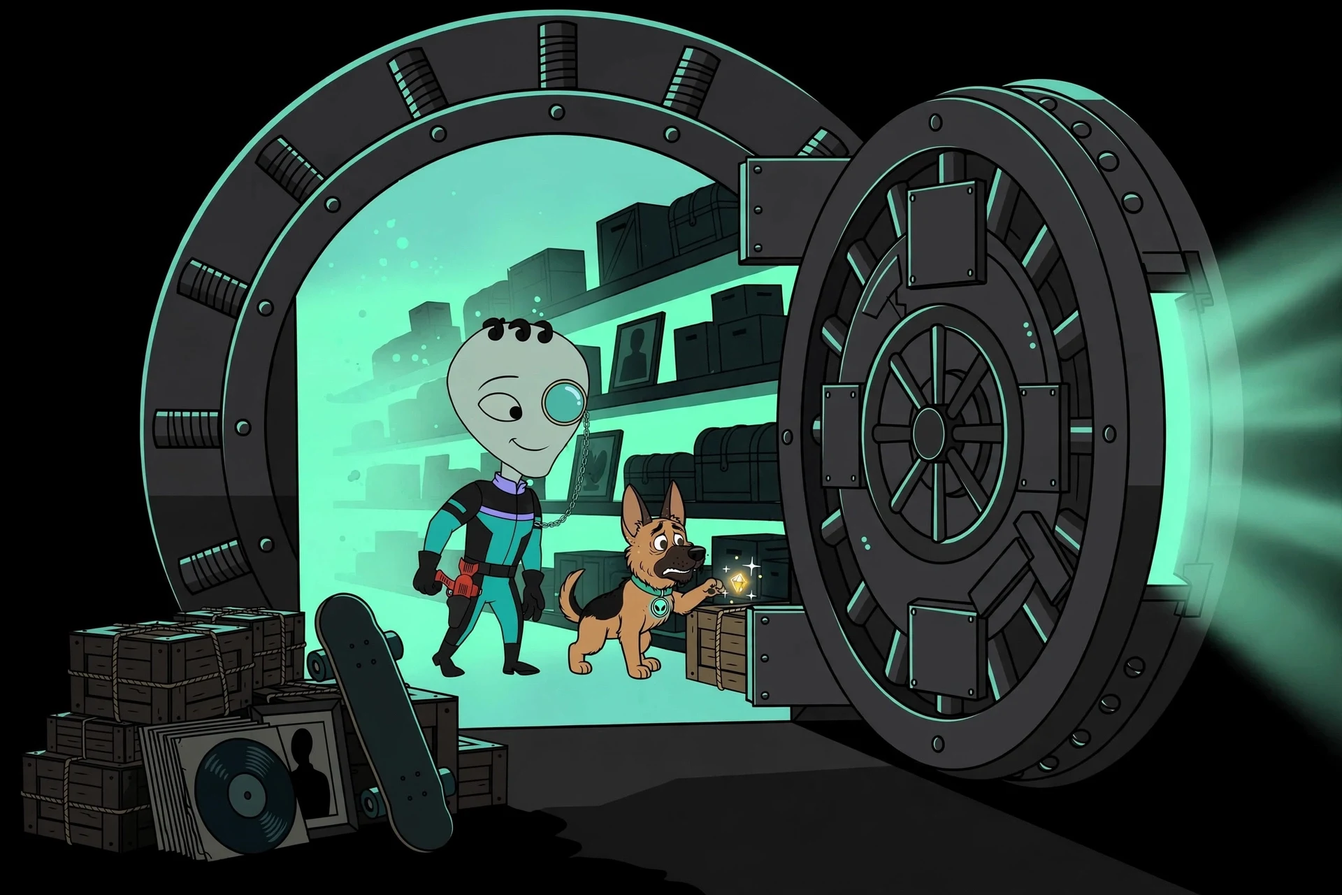 Kreed and Nova at the open vault door of the Depot, teal light spilling over treasure crates.