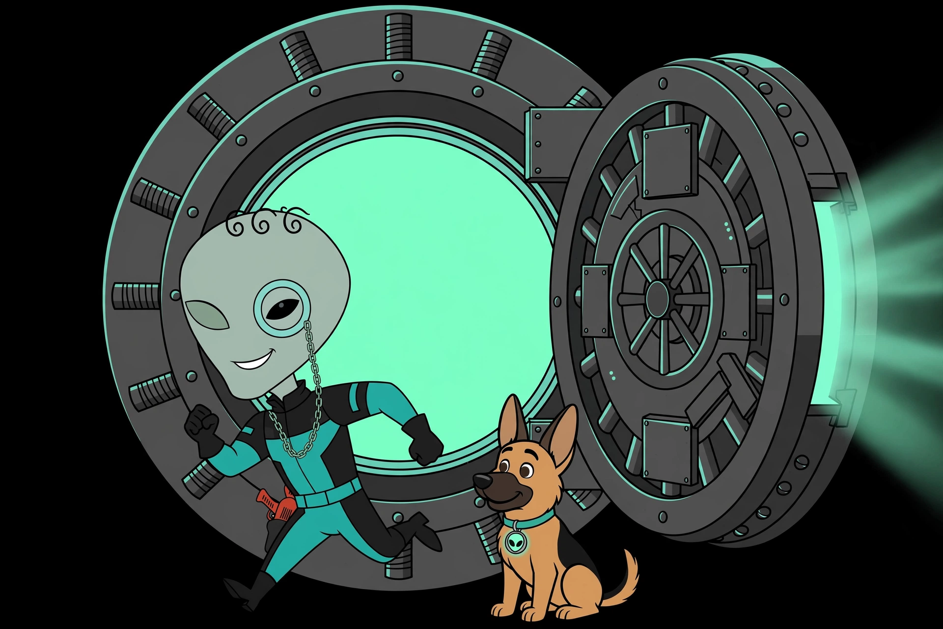 Kreed dashing out of the vault door with the loot spilling, Nova beside him